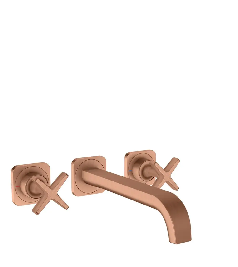 Waschtischarmatur von AXOR mit drei Wandanschlüssen und modernem Auslaufdesign in gebürstetem Rotgold-Finish.